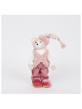 Αρκουδακι με ροζ Μπορντο Ρουχα και Σκουφακι, 24cm