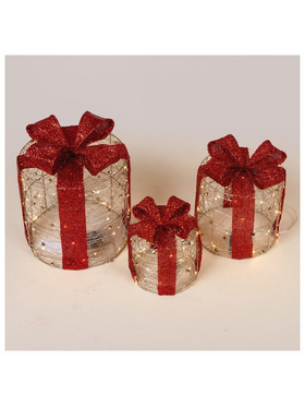 Φωτιζομενα Δωρα 15-20-25cm, 20/30/40 Led, Μπαταριας 2xaa/3xaa, Timer, Χρυσο me Kokkino Φιογκο, Θερμο Λευκο Mini Led, Ip20