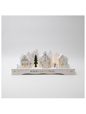 Ξυλινη Παρασταση με Σπιτακια, Λευκη, Φωτιζομενη, Timer, Μπαταριας, 33x8x12.5cm