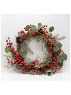 Στεφανι με Κοκκινες Μπαλες και Φυλλα Ευκαλυπτου, 60cm