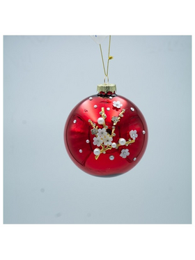 Γυαλινη Μπαλα, Κοκκινη, με Λευκα 3d Λουλουδια, σετ 4τμχ, 10cm