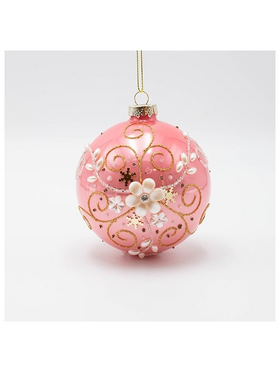 Γυαλινη Μπαλα, ροζ με Λευκο Περλε Λουλουδι, σετ 4τμχ, 10cm