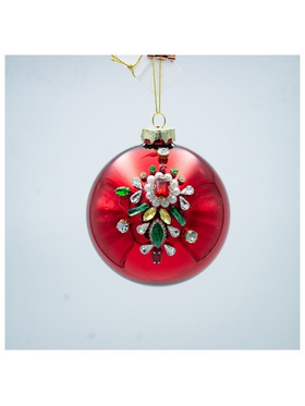Γυαλινη Μπαλα, Κοκκινη με Αγκραφα με Χρωματιστες Πετρες, σετ 4τμχ, 10cm