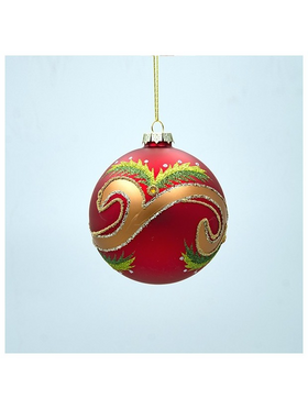Γυαλινη Μπαλα, Κοκκινη με Χρυσες και Πρασινες Λεπτομερειες, σετ 4τμχ, 10cm