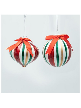 Γυαλινη Μπαλα, Candy Πρασινη, Κοκκινη, Χρυση με Φιογκο, 2 Σχεδια, σετ 4τμχ, 10cm