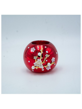 Κηροπηγιο, Κοκκινο, με Λευκα 3d Λουλουδια, 6.5x8cm