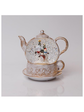 Φωτιζομενη Λευκη Τσαγιερα, με Νερο στο Εσωτερικο, Μπαταριας 3xaa, Timer, 1 Θερμο Λευκο Led, 19*15*19cm, Ip20