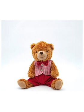 Αρκουδακι με ροζ Καρο Γιλεκο, Καθιστο, 23cm