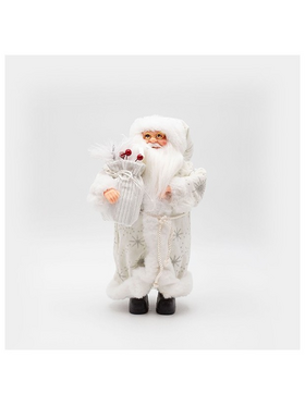 Αγιος Βασιλης με Λευκα Γουνινα Ρουχα και Σακο με Berry, 30cm