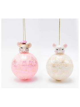 Γυαλινη Μπαλα, ροζ και Λευκο με Ποντικακι, 2 Σχεδια, 11cm