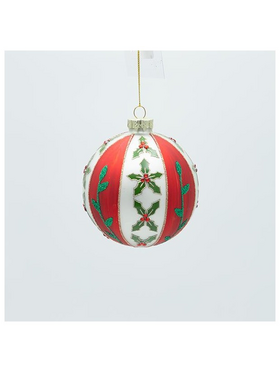 Γυαλινη Μπαλα, Λευκη με Κοκκινο και Σχεδια Γκι, σετ 4τμχ, 10cm