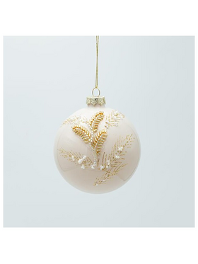 Γυαλινη Μπαλα, Μπεζ με 3d Χρυσα Φυλλα, σετ 4 Τμχ, 10cm