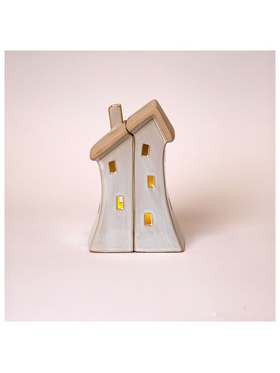 Κεραμικα Σπιτακια με Παραθυρο Καρδια, Φωτιζομενα, off White, 11x7x16.7cm