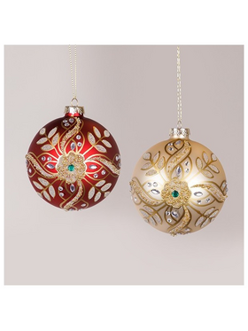 Γυαλινη Μπαλα, Κοκκινη Σαμπανι, με Χαντρες και Glitter,  σετ 2τμχ, 10cm