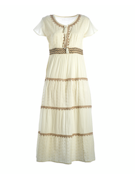 Ble Φορeμα Μακρυ Kontomaniko σε Εκρου Χρωμα με Μπεζ Λεπτομερειες one Size (100% Cotton)