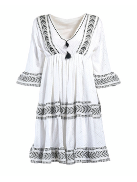Ble Φορεμα Κοντο Λευκο με Μαυρες και Lurex Λεπτομερειες one Size (100% Cotton)