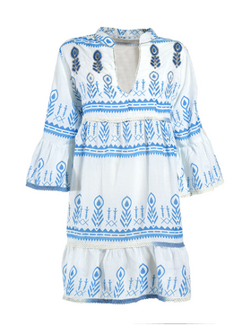 Ble Φορεμα Κοντο Ασπρο/μπλε με Χαντρες one Size (100% Cotton)