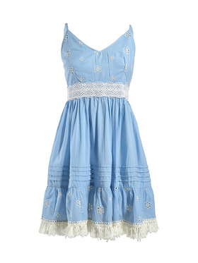 Ble Φορεμα Κοντο Αμανικο Γαλαζιο με Κιπουρ Λεπτομερειες one Size (100% Cotton Flex)