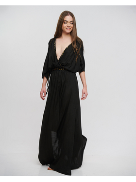 Ble Φορεμα Μακρυ με 3/4 Μανικι Μαυρο με Χρυσα Κορδονια one Size (100% Rayon)