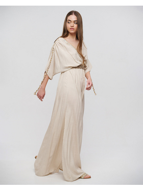 Ble Φορεμα Μακρυ με 3/4 Μανικι Μπεζ με Χρυσα Κορδονια one Size (100% Rayon)