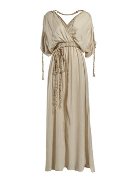 Ble Φορεμα Μακρυ με 3/4 Μανικι Μπεζ με Χρυσα Κορδονια one Size (100% Rayon)