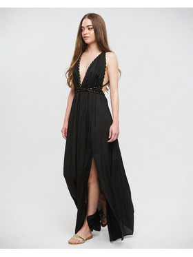 Ble Φορεμα Μακρυ Εξωπλατο Μαυρο με Χρυσα Κορδονια one Size (100% Rayon)