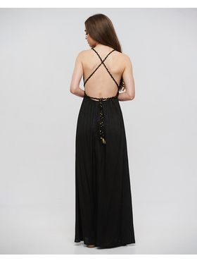 Ble Φορεμα Μακρυ Εξωπλατο Μαυρο με Χρυσα Κορδονια one Size (100% Rayon)