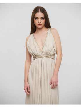 Ble Φορεμα Μακρυ Εξωπλατο Μπεζ με Χρυσα Κορδονια one Size (100% Rayon)