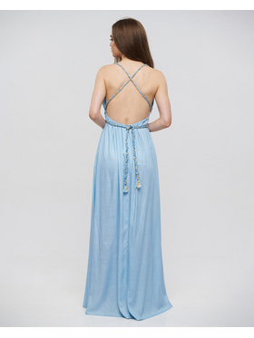 Ble Φορεμα Μακρυ Εξωπλατο Γαλαζιο με Χρυσα Κορδονια one Size (100% Rayon)