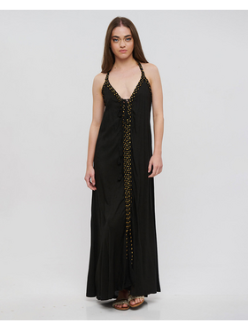 Ble Φορεμα Μακρυ Amaniko Μαυρο με Χρυσα Κορδονια one Size (100% Rayon)