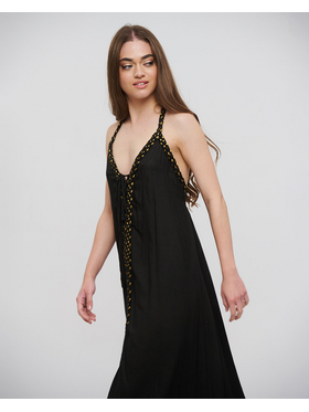 Ble Φορεμα Μακρυ Amaniko Μαυρο με Χρυσα Κορδονια one Size (100% Rayon)