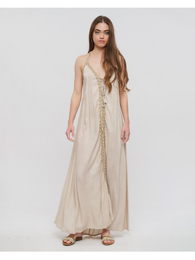 Ble Φορεμα Μακρυ Amaniko Μπεζ με Χρυσα Κορδονια one Size (100% Rayon)