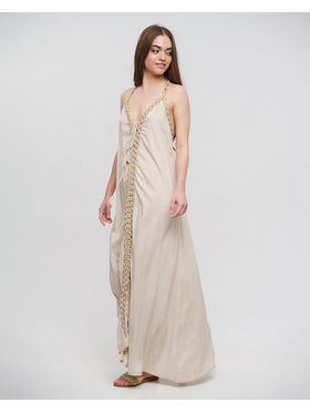 Ble Φορεμα Μακρυ Amaniko Μπεζ με Χρυσα Κορδονια one Size (100% Rayon)
