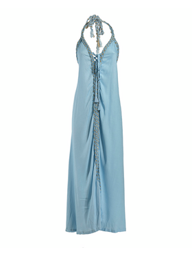 Ble Φορεμα Μακρυ Amaniko Γαλαζιο με Χρυσα Κορδονια one Size (100% Rayon)
