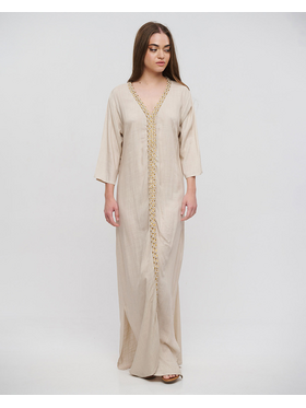 Ble Φορεμα/καφτανι Μακρυ Μπεζ με Χρυσα Κορδονια one Size (100% Rayon)
