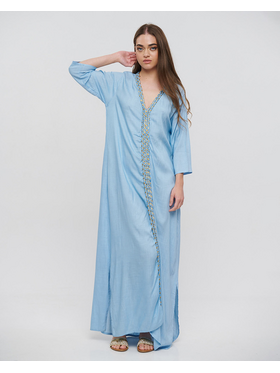 Ble Φορεμα/καφτανι Μακρυ Γαλαζιο με Χρυσα Κορδονια one Size (100% Rayon)