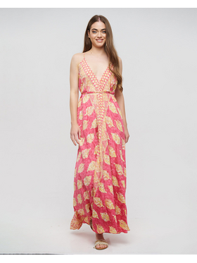 Ble Φορεμα Μακρυ Εξωπλατο ροζ με Φυλλα και Χρυσες Λεπτομερειες one Size(100% Crepe)