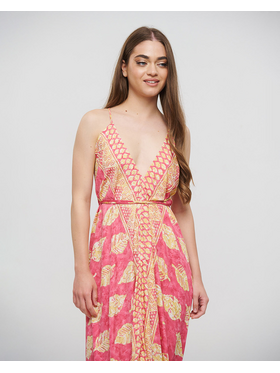 Ble Φορεμα Μακρυ Εξωπλατο ροζ με Φυλλα και Χρυσες Λεπτομερειες one Size(100% Crepe)