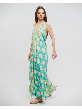 Ble Φορεμα Μακρυ Εξωπλατο Τυρκουαζ/πρασινο με Φυλλα και Χρυσες Λεπτομερειες one Size(100% Crepe)