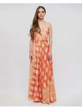 Ble Φορεμα Μακρυ Εξωπλατο με Βολαν Πορτοκαλι με Φυλλα και Χρυσες Λεπτομερειες one Size(100% Crepe)