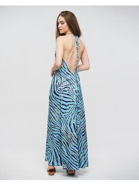 Ble Φορεμα Μακρυ Εξωπλατο Μπλε ''ζεβρε'' με Ασημι/χρυσες Λεπτομερειες one Size(100% Crepe)