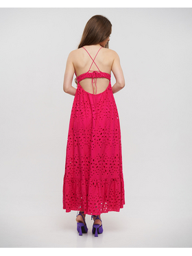 Ble Φορεμα Μακρυ Αμανικο με Ανοιγμα Στην Πλατη Κιπουρ σε Φουξ Χρωμα one Size(100% Cotton)