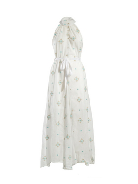Ble Φορεμα Μακρυ Αμανικο Λευκο με Μπλε/χρυσα Σχεδια και Ζωνακι one Size (100% Cotton)