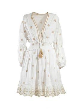 Ble Φορεμα Κοντο Μακρυμανικο Λευκο με Μπεζ Σχεδια one Size (100% Cotton)