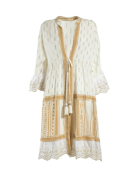 Ble Φορεμα Κοντο Μακρυμανικο Λευκο με Χρυσα/μπεζ Σχεδια one Size (100% Viscose)