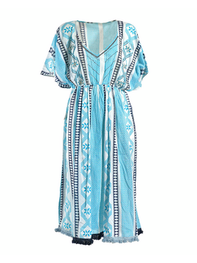 Ble Φορεμα Μακρυ Γαλαζιο με Σχεδια one Size (100% Cotton)