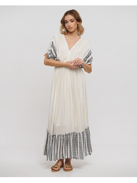 Ble Φορεμα Μακρυ με 3/4 Μανικι σε Λευκο Χρωμα με Ασπρομαυρες Λεπτομερειες one Size (100% Cotton)