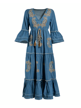 Ble Φορεμα Μακρυ με 3/4 Μανικι σε Μπλε Χρωμα με Χρυσεσ/καφε Λεπτομερειες one Size (100% Cotton)