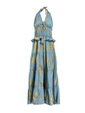 Ble Φορεμα Μακρυ Εξωπλατο σε Γαλαζιο Χρωμα με Χρυσες Λεπτομερειες one Size (100% Viscose)