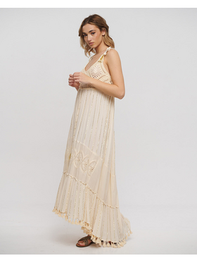 Ble Φορεμα Μακρυ Αμανικο σε Μπεζ Χρωμα με Κεντητες Λεπτομερειες one Size (100% Cotton)